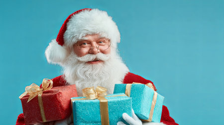 Happy Santa Claus holds vibrant holiday gifts, celebrating the festive spirit. This portrait captures joy and warmth of the Christmas season on a blue background.の素材