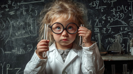 A young girl dressed as a scientist holds test tubes while looking curious. This image captures the spirit of discovery and education in a fun laboratory environment.の素材