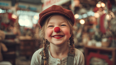 A cheerful girl wearing a clown nose and hat smiles joyfully in a vibrant vintage setting. Her playful expression captures the essence of childhood joy and fun.の素材