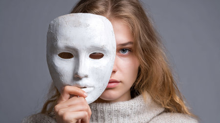 A young woman holds a white mask against her face, symbolizing identity and mystery. The dramatic portrait captures raw emotions in a soft light.の素材