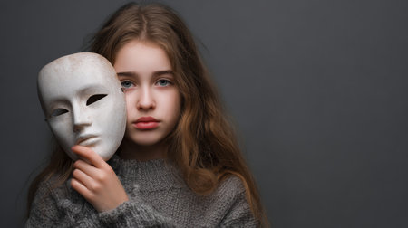 A portrait of a young girl holding a white mask, portraying deep emotions and thoughts. The gray background enhances the subject's beauty and introspective aura.の素材
