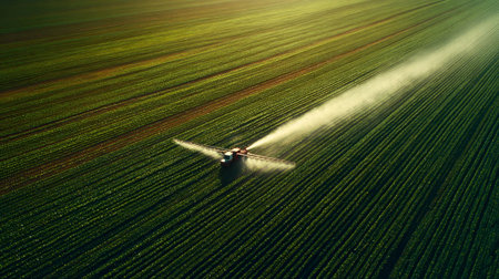 Aerial view of agricultural machinery spraying pesticides over vibrant green fields. This image captures the essence of modern farming techniques and crop management.の素材