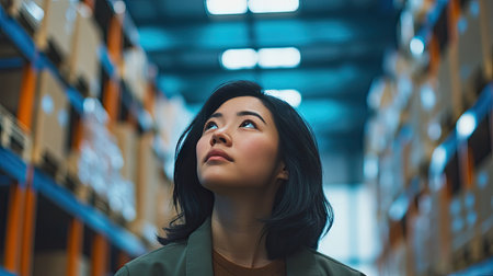 A calm and composed Asian woman in a warehouse, addressing logistical concerns with a pragmatic and practical approach.の素材