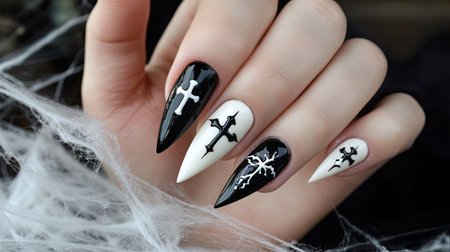 Female hands with black and white Halloween nails featuring tiny cross designs, resting on a spooky cobweb background.の素材