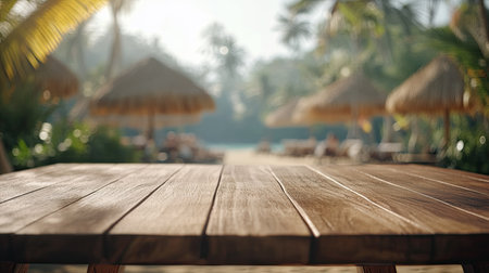 Wooden tabletop in focus with blurry beach bar in the background, ideal for product displays in a warm tropical setting with a coastal vibeの素材