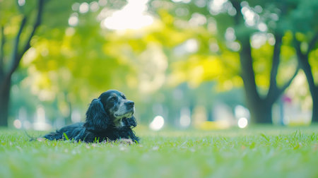A senior English Cocker Spaniel relaxing on vibrant green grass, the blurry park background enhancing the sense of calm and rest.の素材