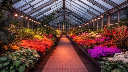The colorful interior of a flower greenhouse, featuring neatly arranged plants thriving under optimal lighting and temperature control.の素材