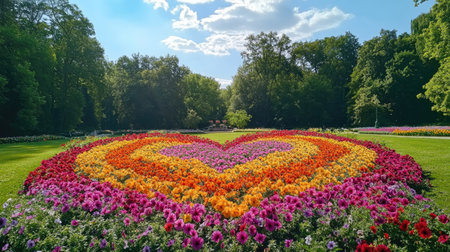 A striking heart-shaped flower arrangement made from multicolored petunias at Pakruojis Manor in the serene Lithuanian countryside.の素材