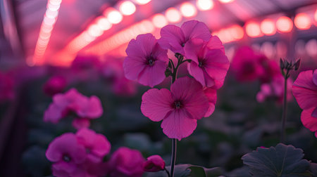 A greenhouse filled with rows of flowers under controlled lighting and temperature, epitomizing the efficiency of flower agribusiness.の素材