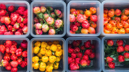 Plastic boxes filled with vibrant red, orange, yellow, and pink flowers, ready for transport and sale in flower shops.の素材
