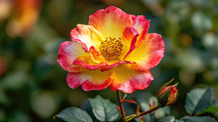 A vibrant close-up of a colorful rose flower in full bloom, its multicolored petals illuminated by warm sunlight.の素材