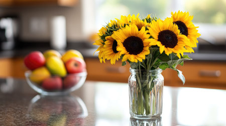 A cheerful arrangement of sunflowers and chrysanthemums in a small glass vase, styled on a kitchen island with a fruit bowl in the background.の素材