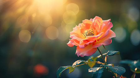 A vibrant colorful rose flower with multicolored petals, glowing brilliantly under the golden light of a sunny day.の素材
