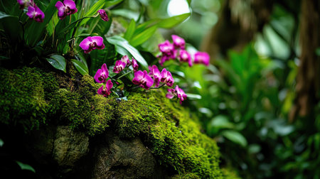 Exotic wild orchids in full bloom, thriving among moss-covered rocks and dense foliage in rural Thailand.の素材