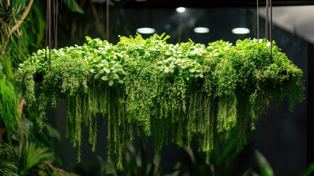 A cascading arrangement of Sedum morganianum in a hanging garden, its vibrant green stems adding life and texture to the design.の素材