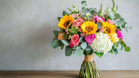 Vibrant hand-tied bouquet of mixed flowers, including hydrangeas, sunflowers, and eucalyptus leaves, ideal for giftingの素材