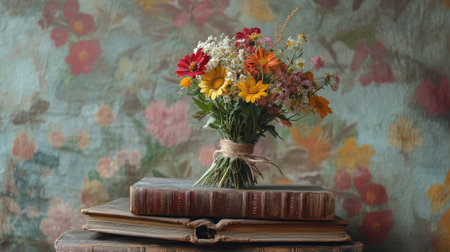 A charming bouquet of vintage wildflowers tied with twine, sitting atop a stack of aged books with a soft-focus floral backgroundの素材