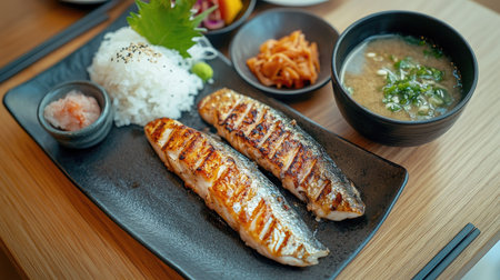 Grilled shishamo fish served with steamed rice and miso soup on a traditional Japanese dining table.の素材