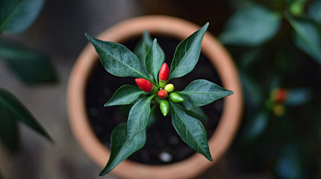 A close-up of a chili pepper plant in a terracotta pot, with vibrant red and green chilies growing among glossy green leavesの素材