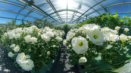 A panoramic view of white lisianthus flowers thriving in an eco-friendly Dutch greenhouse on a promotional open day.の素材