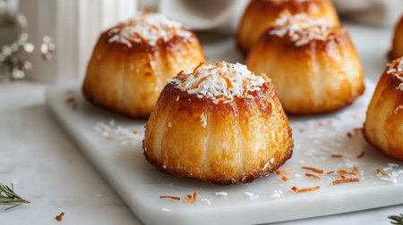 Close-up of Thai Babin coconut cakes served in a minimalist style, with golden edges and shredded coconut garnish, styled on a clean white surface.の素材