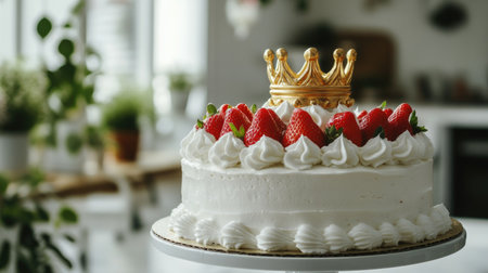 Side view of a luxurious strawberry and vanilla cream cake with a gold crown topper, styled with soft natural light and a minimalistic background.の素材