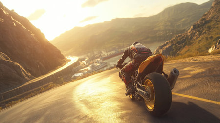 A dynamic shot of a motorcycle rider racing down a winding road at sunset. The dramatic mountain backdrop enhances the thrill of adventure and freedom.の素材