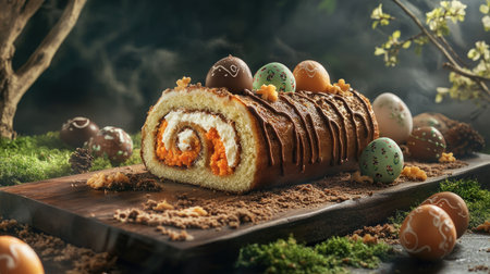 Artistic Easter dessert display featuring a sliced carrot roll cake with creamy filling, topped with chocolate eggs and festive decorations, moody backdropの素材