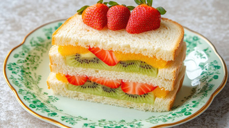 Aesthetic fruit sandwich with layers of kiwi, orange, and strawberries in soft white bread, served on a stylish pastel plateの素材