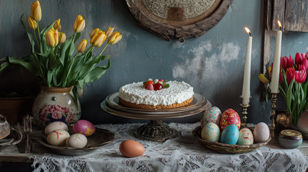 A rustic Easter table with a cottage cheese dessert centerpiece, surrounded by painted eggs, tulips, and candles in a cozy settingの素材
