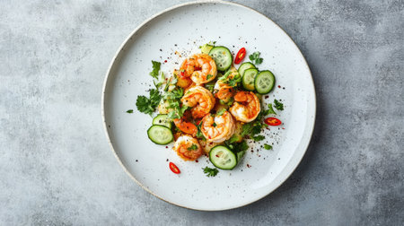 Overhead view of stir-fried shrimp paste curry with bitter beans and fresh shrimp, garnished with carved cucumbers and chili on a white ceramic plate.の素材