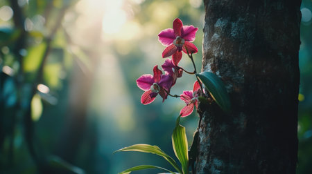 A stunning close-up of vibrant pink orchids blossoming on a tree, illuminated by soft sunlight in a serene forest, showcasing nature's beauty and tranquility.の素材
