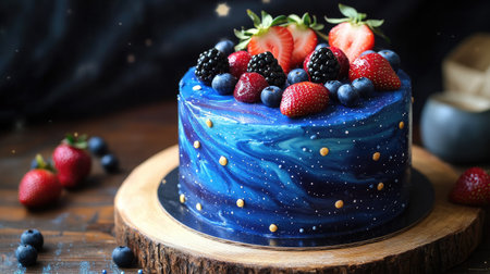 Blue marble birthday cake with a cosmos theme, adorned with fresh strawberries, blueberries, and blackberries.の素材