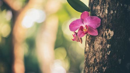 A stunning pink orchid flower gracefully blooms on tree bark, enhancing the natural beauty of its surroundings. This serene scene captures the essence of tropical flora.の素材