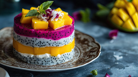 Aesthetic fruit sandwich with layers of dragon fruit, mango, and coconut cream, neatly sliced and placed on a decorative plateの素材