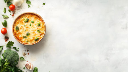 Overhead shot of golden cheese broccoli cabbage casserole, surrounded by fresh ingredients, styled on a light gray background with room for textの素材