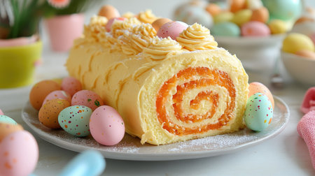 Beautifully crafted Easter carrot roll cake with rich frosting, vibrant carrot jelly, chocolate eggs, and a sprinkle of sugar, served on a festive tableの素材