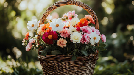 Colorful summer bouquet featuring dahlias, cosmos, and lisianthus, styled in a vintage wicker basket outdoors in natural light.の素材