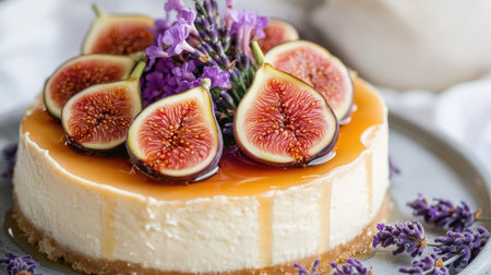 Close-up of a decadent cheesecake topped with fresh figs, honey drizzle, and lavender flowers, creating a dreamy, elegant dessert presentation.の素材