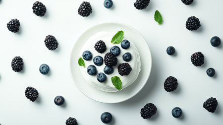 Minimalist style shot with a white bowl of Greek yogurt topped with blackberries, blueberries, and mint, surrounded by a scattering of loose berriesの素材