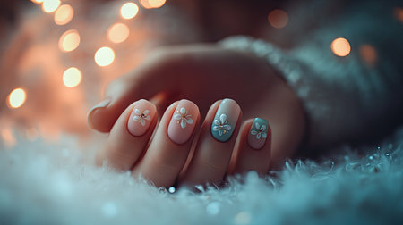 Pastel gradient nails with dainty floral accents, photographed on hands resting on a soft, blurred background.の素材