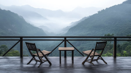 Rustic cabin balcony with two wooden chairs overlooking serene mountains in morning fogの素材