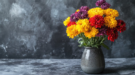 Create  prompts for stock photos related to Vases of colorful chrysanthemum flowers for sale with - characters and ending withの素材