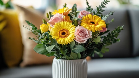 Close-up of a mixed flower arrangement in a white ceramic vase, featuring yellow gerberas, pink roses, and greenery on a neutral background.の素材