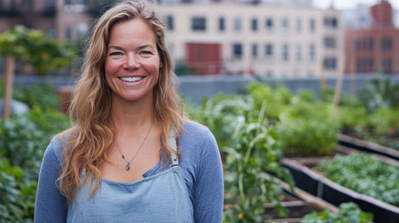 Rooftop community garden with rows of vegetables and aromatic herbs thriving in raised beds, promoting urban sustainability and healthy livingの素材