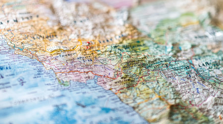 A vibrant close-up of a political map showcasing geographic features, including borders and regions, perfect for travel and exploration themes.の素材