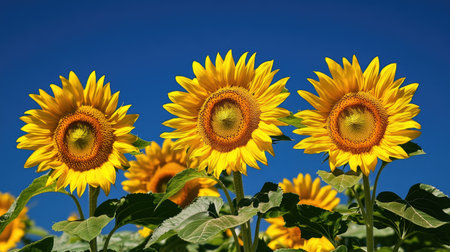 Bright sunflowers stand tall under a radiant blue sky, showcasing their vibrant yellow petals and rich brown centers. This cheerful summer scene captures the beauty of nature.の素材
