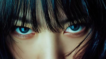 Close-up of an Asian woman's eyes framed by straight black bangs, creating an artistic and mysterious look.の素材