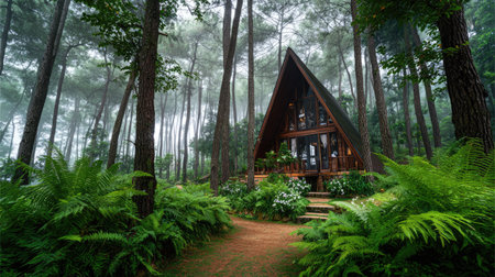 A tranquil A-frame cabin nestled in a lush green forest, surrounded by towering trees and enveloped in gentle fog, perfect for relaxation and escape.の素材