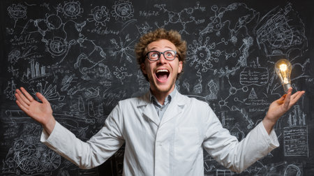 A joyful young scientist presents a light bulb, symbolizing excitement and innovation, against a backdrop of chalkboard diagrams illustrating scientific concepts and research.の素材